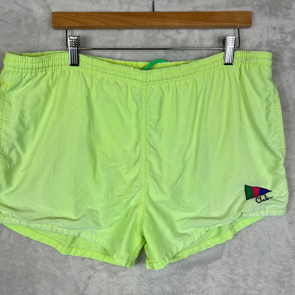 Vintage Club Neon Green Yellow Nylon Swim Trunks Shorts Mens Size XL Retro 90s